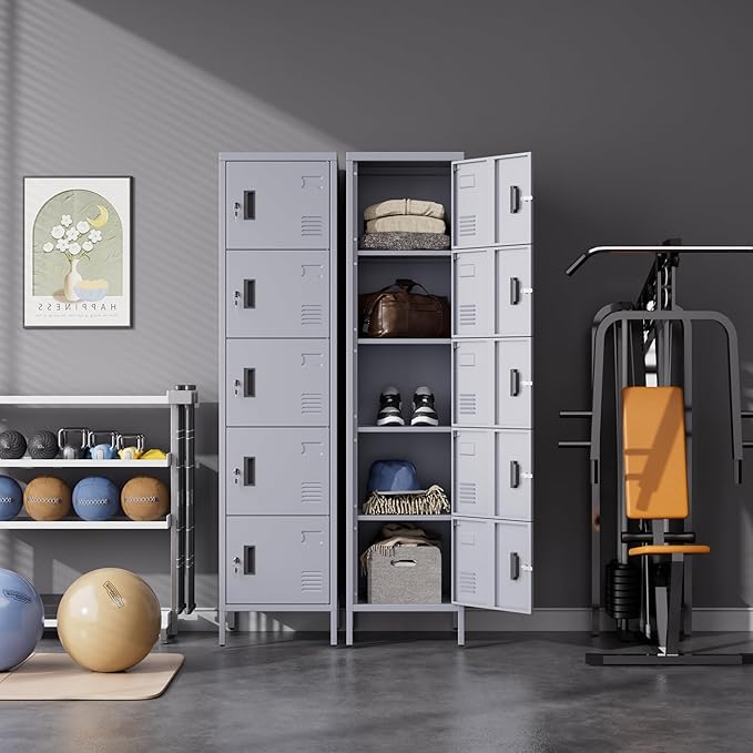 METAN Metal Storage Employees Locker with 5 Lockable Doors,Locking Storage Cabinets for Small Spaces,Home,School,Gym,Assembly Required,Dark Gray