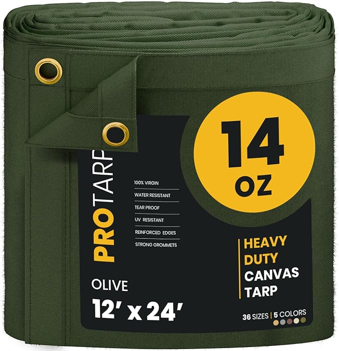 PROTARP Heavy Duty 14 OZ Water Resistant Canvas Tarp, UV Resistant Tarpaulin Cover with Rustproof Brass Grommets, Multipurpose for Canopy, Roof, Camping, Woodpile (Olive 12'X24')