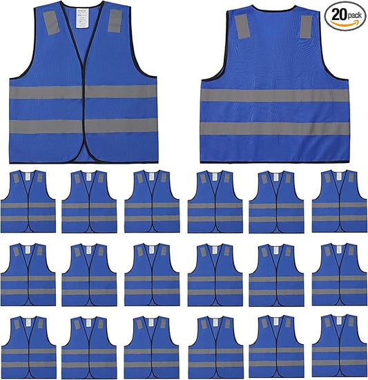 Blue Safety Vests 20 Pack - Reflective High Visibility Construction ANSI Class 2 Work Vests for Men,Woman,Hi Vis Mesh and Neon Silver Strip