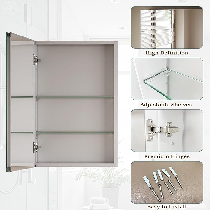 Bathroom Medicine Cabinet with Mirror, 16 Inch x 24 Inch Bathroom Mirror Cabinet with Single Door & Adjustable Shelves, Surface Mount or Recess Installation