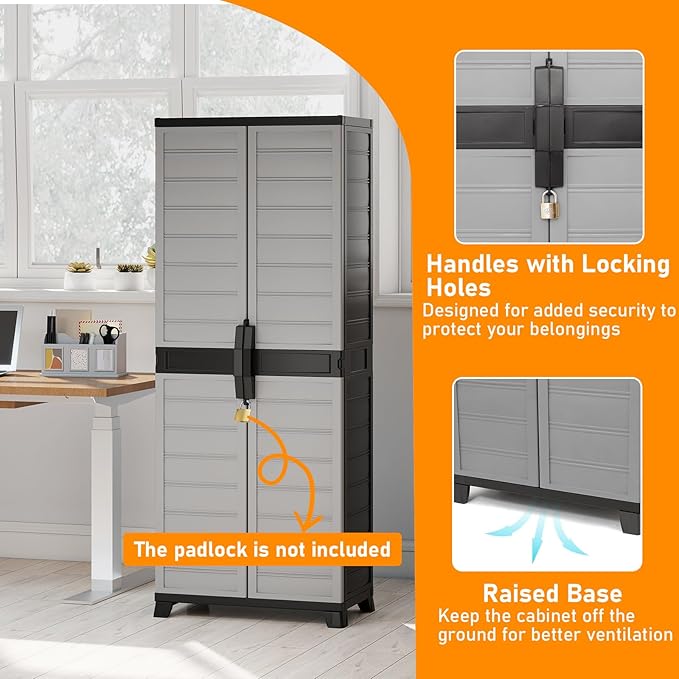 Giantex 68-inches Garage Storage Cabinet, PP Lockable Storage Shed with Doors, Freestanding Tool Locker with 3 Adjustable Shelves, Heavy-Duty Shelving Unit for Pantry, Basement, Laundry Room, Mudroom