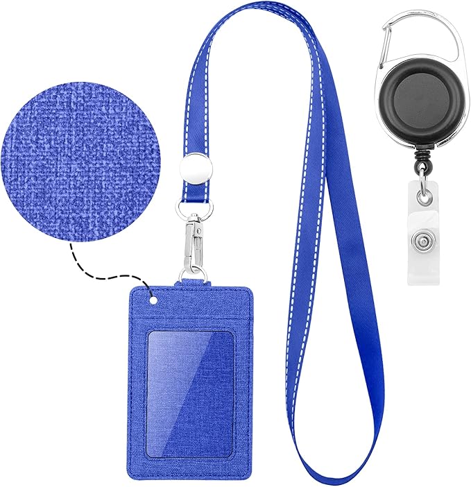 Life-Mate Badge Holder - Leather ID Badge Card Holder Wallet Case with 3 Cards Slot and Neck Lanyard/Strap. Additional Retractable Badge Reel with Belt Clip (Blue, Linen Finish)