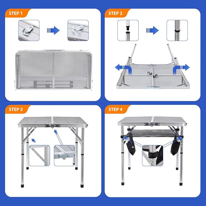 C Square Folding Height Adjustable Aluminum Table - 23.6"x23.6" White, Mesh Bag, Carry Handle, Ideal for Grill, Camping, Outdoor, Card Games