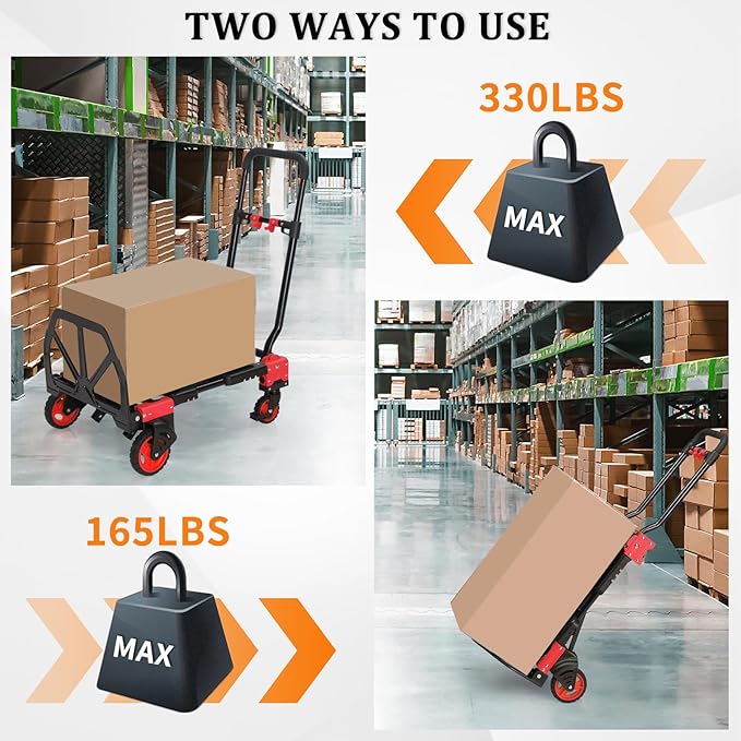 TUFFIOM Folding Hand Truck, Dolly Cart 330 lbs Capacity 2-in-1, Foldable Hand Truck with Retractable Handle and 4 Rubber Wheels, Hand Cart Dolly for Shoping, Office, Travel, Moving
