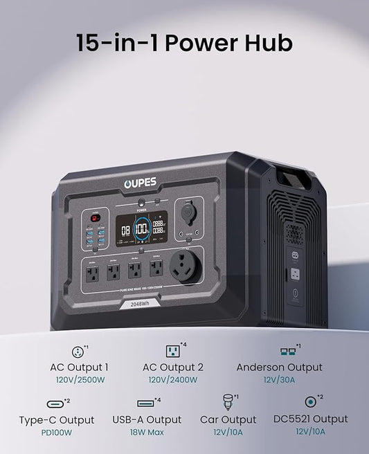 OUPES Mega 2 2500W Solar Generator with 240W Panel Included, 2048Wh Portable Power Station Solar Battery Station Made for Emergency, Home Backup, Outdoor Camping RV/Van