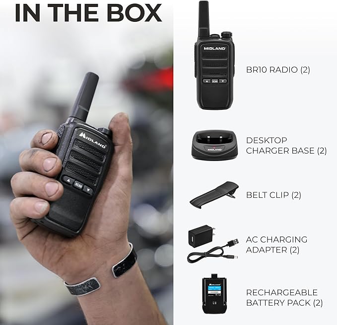 Midland BR10 Heavy-Duty Business Walkie Talkies – 2-Watt Long Range Two-Way Radios, FRS License-Free, Rechargeable Battery, Portable Handhelds for Job Sites & Manufacturing (2-Pack)