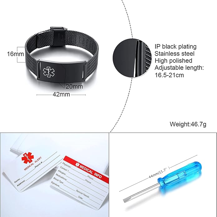VNOX Medical Alert Bracelets for Men & Women Kids with Free Engraving Adjustable Stainless Steel Mesh Emergency Medical ID Bracelets Wristband