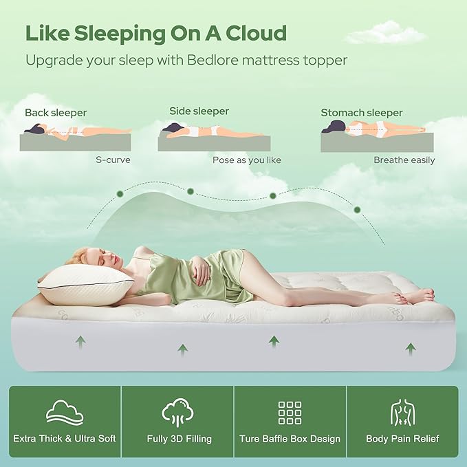 BEDLORE Twin XL Mattress Topper Viscose Derived from Bamboo, Thick Pillow Top Mattress Pad with Deep Pockets for 6-15 inches Mattress, Soft Mattress Topper College Dorm Size for Back Pain Relief