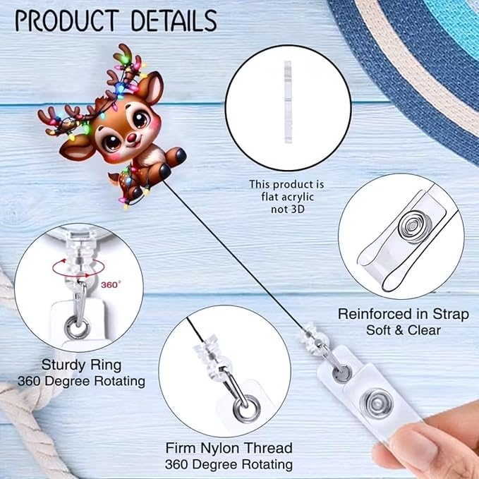 Deer Badge Holder Christmas Badge Reel Retractable Badge with Alligator Clip Colorful Light String Reindeer ID Badge Holder Cute Acrylic Badge Clips for Holiday Nurses Nursing Students Teachers Office