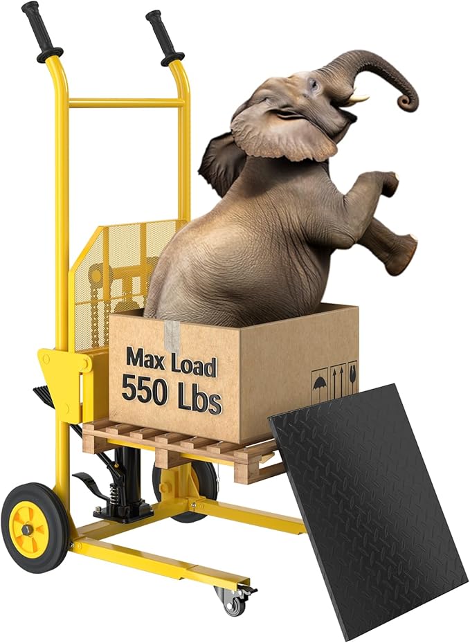 Hydraulic Material Lift,550lbs Lift Dolly,Upgraded Baffle Pallet Lift,37.4” Max Lift with Front Universal Wheels and 9" Polyurethane Wheels, 18.5" Fork Length, Hand Forklift, Steel Platform x 1