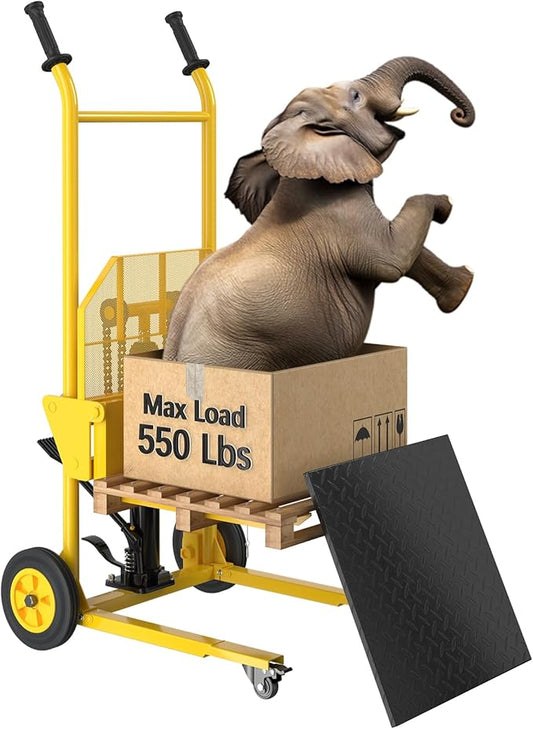 Hydraulic Material Lift,550lbs Lift Dolly,Upgraded Baffle Pallet Lift,37.4” Max Lift with Front Universal Wheels and 9" Polyurethane Wheels, 18.5" Fork Length, Hand Forklift, Steel Platform x 1