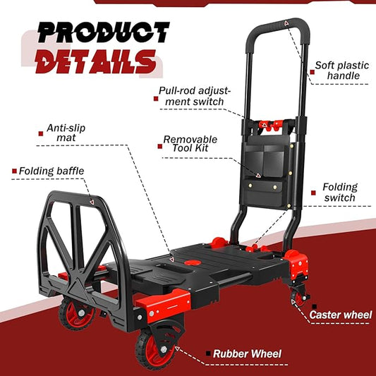 Folding Hand Truck, 2 in 1 Portable Heavy Duty Carrying Moving Dolly Cart with 4 Foldable Wheels and Retractable Handle Duty 330lbs (Red with Folding Basket)