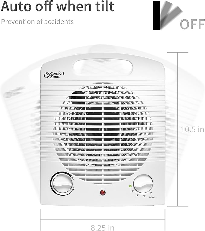 Comfort Zone CZ35E 1,500-Watt Fan-Forced Electric Portable Heater with Adjustable Thermostat, Built-in Overheat Sensor, Safety Tip-Over Switch, and Heat Resistant Housing, White