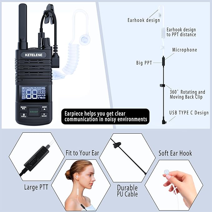 KETELESE T1 FRS Walkie Talkie Set for Adults, Long Range Two-Way Radio, with Earpiece Family Radio Walkie-Talkie, NOAA, VOX, Water-Resistant Design for Outdoor Adventures(2 Pack), Black