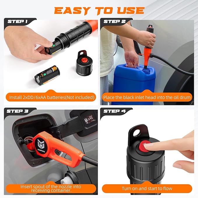 Portable Fuel Transfer Pump, Battery Powered Siphon Pump for Gasoline, Fuel, Gas, Diesel, Water Transfer, 3.0 GPM Flow Oil Extractor with Powerful Suction Ergonomic Nozzle 39 Inches Hose