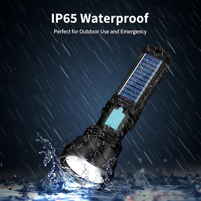 Led Solar Flashlight, 1500 Lumens Led Solar Handheld Rechargeable Flashlights with IP65 Waterproof, 2000mAh Battery for Survival Emergencies Camping (2 Packs)