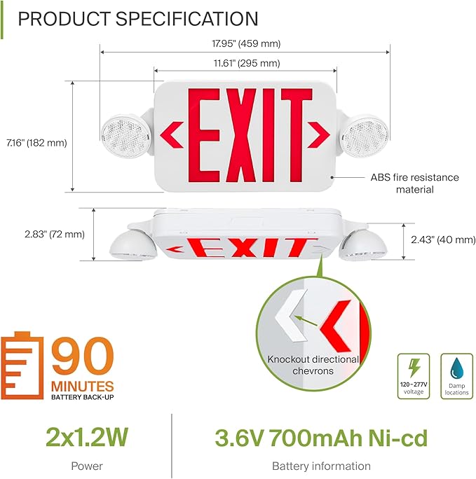 ASD LED Exit Sign with Battery Backup & Round Rotatable Heads - 120-277V UL 2.2W Double Face Emergency Exit Light for Business, Commercial Damp Location Power Outage Lights, Red, 6 Pack
