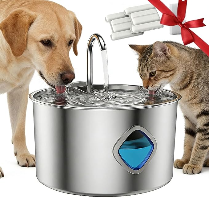 Dog Water Bowl, Triple Filtration System, 3.2L Capacity, Continuous Circulating Water Flow, Quiet Operation Stainless Steel Dog Water Fountain with Visual Water Level for Dogs Cats Pet (1PCS)