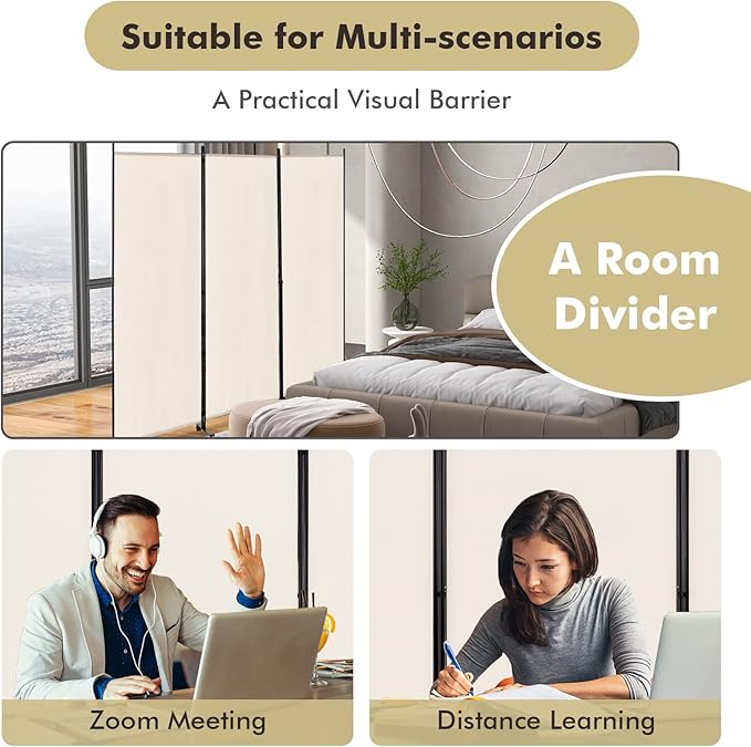 Giantex 3 Panel Folding Room Divider with Rollers White - 6 Ft Freestanding Folding Privacy for Wall Divider and Separator, 103" Wide Lightweight Portable Wall Partition Room Dividers with Wheels