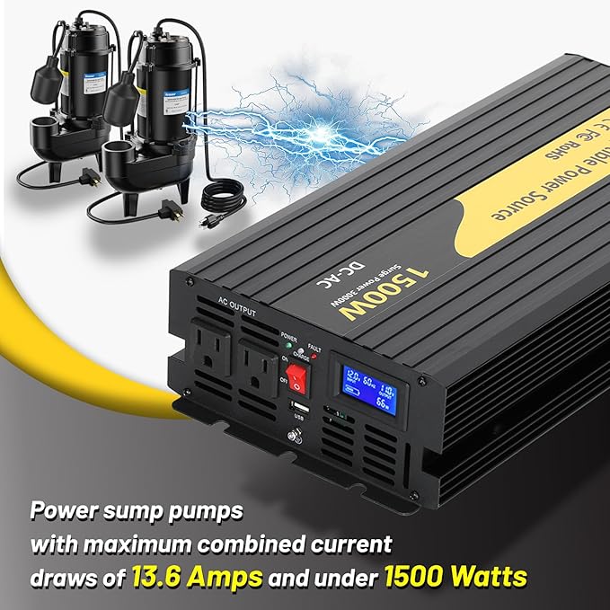 1500W Primary Sump Pump Backup System, Basment Protection Backup Inverter, Black, LCD Display, Auto Switches for Continuous Sump Pump Operation, Basement Emergency and Power Outage Backup