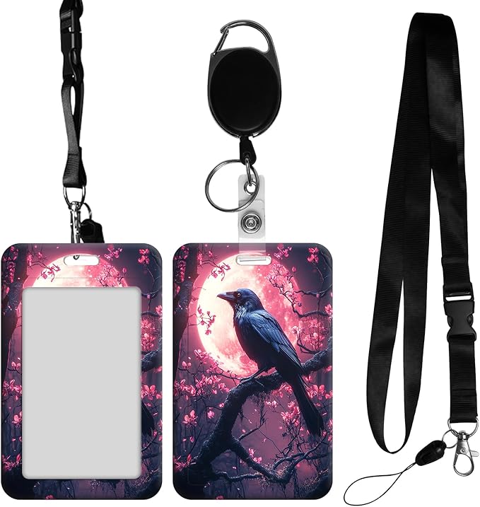 ID Badge Holder with Retractable Lanyard for Women & Men,Vertical ID Card Holder Wallet,Clear Window&Card Slot,Detachable Neck Strap for Nurse Teacher Office,Raven Pink Moon Blossoms
