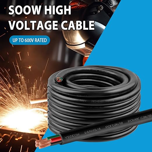200ft 14/4 14 AWG Portable Power Cable (4 Conductor) - SOOW 600V 14 Gauge Electric Wire for Motor Leads, Portable Lights, Battery Chargers and Machinery - 4 Conductor - 200 Feet Electrical Cord