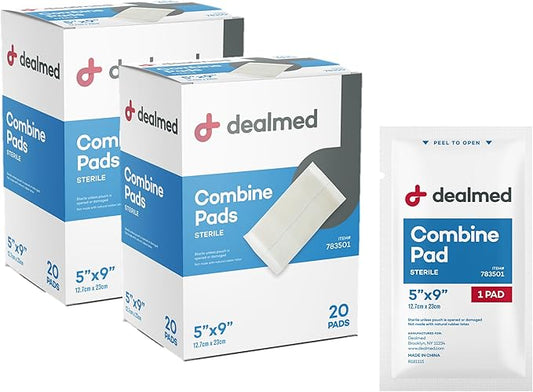 Dealmed Abdominal Combine Pads 5"x9" (40-Pack) Sterile Individually Wrapped, ABD Pads, Absorbent, Non Adherent for Wound Care, Drainage, First Aid, 20/Box (2 Pack)
