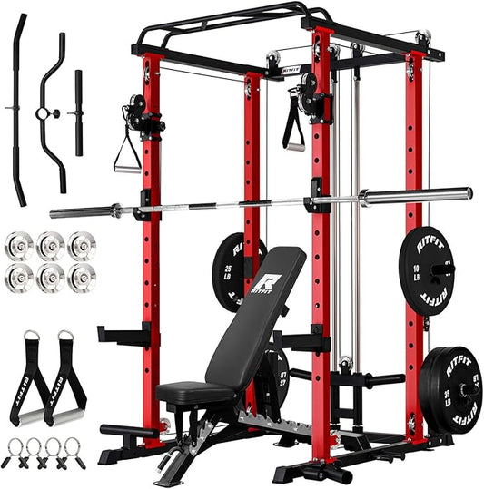 RitFit Multi-Function Squat Rack Power Cage PPC-P3 with Cable Crossover System, 1200LBS Capacity Power Rack and Packages with Optional Weight Bench, Barbell Weight Set, for Garage Workout & Home Gym