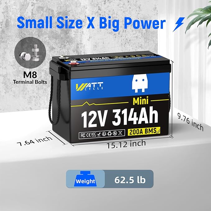 WattCycle 12V 300Ah (314Ah) LiFePO4 Lithium Battery Mini Size, 4000+ Cycles, 200A BMS & 4.01kWh Energy, Upgraded Cooling Fins & Braided Wires, Ideal for RV, Marine, Camping, Solar Off-Grid (3 Packs)