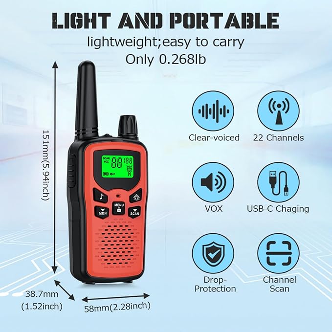 Walkie Talkie Long Range Walkie talkies 2 Pack with Rechargegable, 22 Channel FRS 2-Way Radios Walky Talky with LED Flashlight for Climbing, Camping Trip and Family Emergency Kit(2 Pack Red).