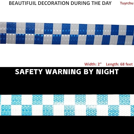 Blue White Reflective Tape Outdoor Waterproof 2 inch Wide for Cars, High Visibility Safety Warning Reflector Sticker Strips (68 feet)