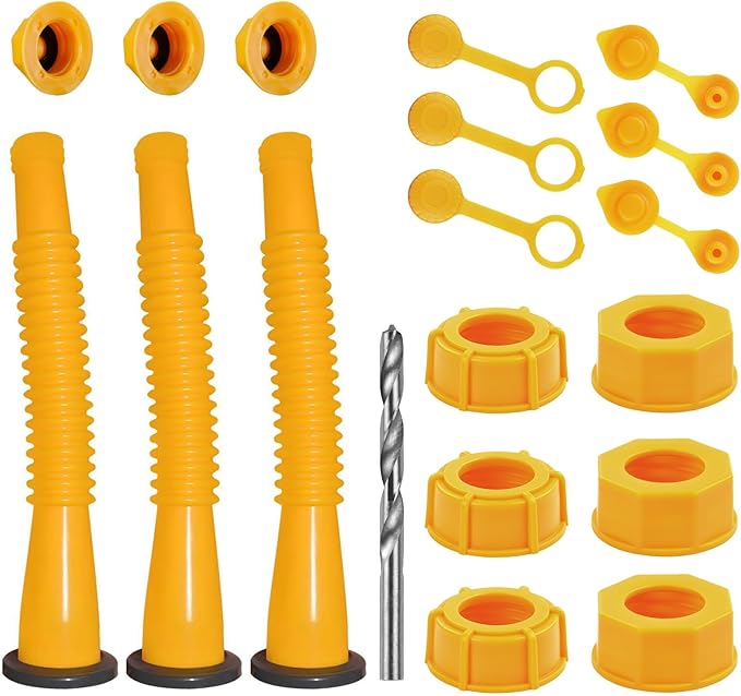 Gas Can Spout Replacement, Gas Can Nozzle Replacement (3 Kits-Yellow). for 1/2/5/10 gallon gas cans. Upgraded replacement gas can spout with flexible nozzle, vent cap, thick rubber pad, spout cover