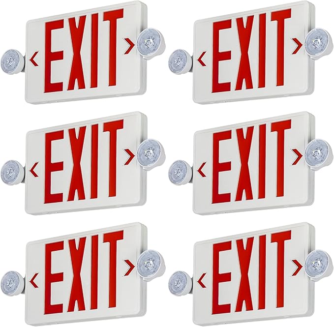 Exit Sign with Emergency Light,Red LED Exit Light,Exit Signs With Battery Backup, 2 Adjustable Emergency Lighting, Hardwired 120V/277VAC, UL-Listed, 6 Pack