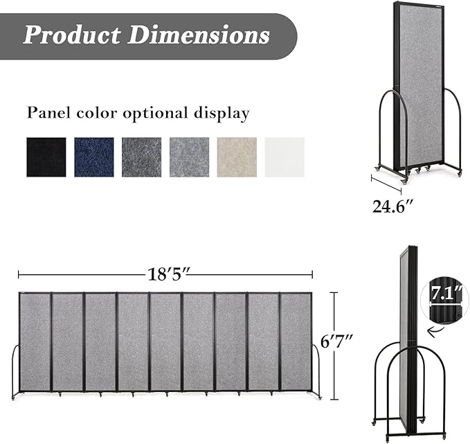 Folding Room Partition,Privacy Room Screen with Arms,Office Dividers Partition Wall,18'5"L* 6'7"H,Light Grey