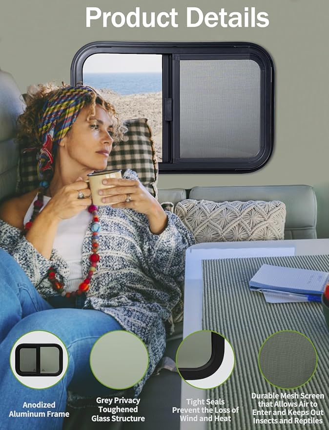24"x20" RV Sliding Window - Horizontal Teardrop Style, DOT-Certified Tempered Glass & Trim Kit, Aluminum Alloy Frame w/Mesh Screen