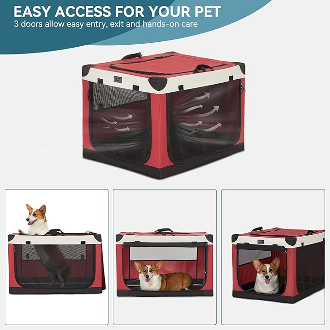 PETSFIT Soft Sided Dog Crate, with Patented Adjustable Fabric Cover, Chewproof & Lockable Mesh Doors, Waterproof Base Collapsible Kennel Red 30 Inch