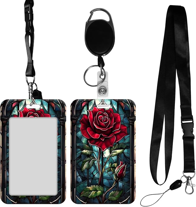 ID Badge Holder with Retractable Lanyard for Women & Men,Vertical ID Card Holder Wallet,Clear Window&Card Slot,Detachable Neck Strap for Nurse Teacher Office,Glass Red Rose