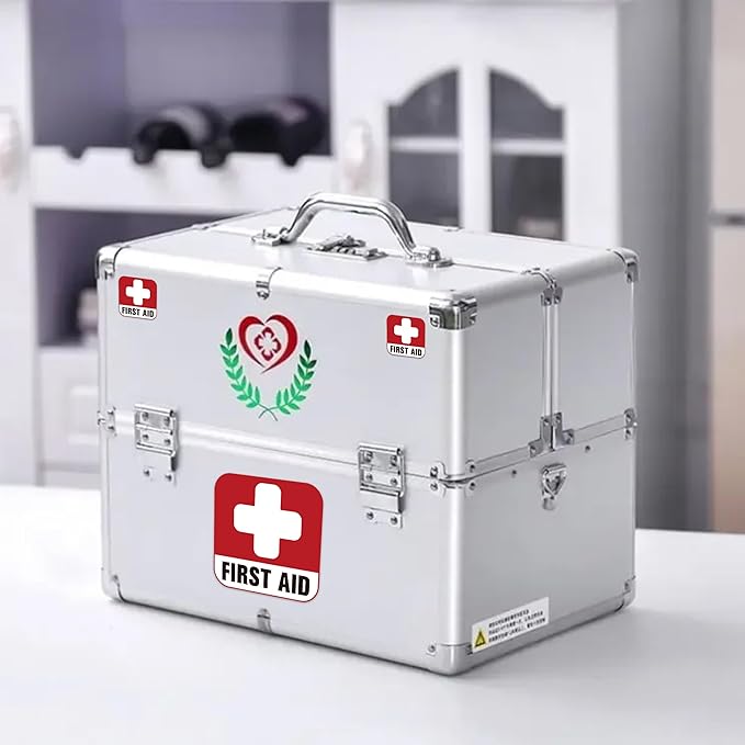 3PCS First Aid Sign Sticker for Box，Self-Adhesive Waterproof Small First Aid Decals for Home, Emergency First Aid Kit Supplies for Home, Office or Business (4x4IN, 2X2IN)