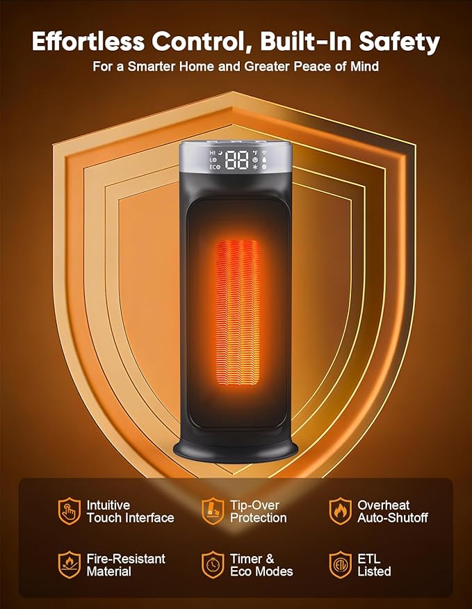 Smart Space Heater, 1500W PTC Heater with Wifi/App/Alexa/Google Voice Control for Indoor Use, Heats & Cools 2 in 1 Eco Heater for Home Office Bedroom Living Room Bathroom Nursery Apartment