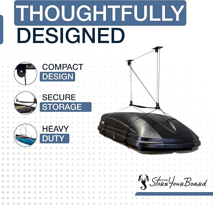 StoreYourBoard Cargo Box Pulley System – Heavy-Duty Garage Hoist Lift for Rooftop Carriers – Garage Storage & Garage Organization Ceiling Hoist with Pulley – Holds 150 lbs - Fits 10-14 ft Ceilings