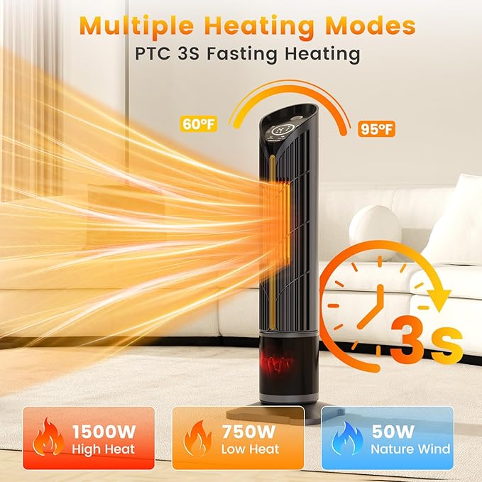 VCJ 28" Space Heaters, 1500W 12H Timer Electric Heater for Indoor Use, Remote, 120° Oscillation, Water Mist, Overheat & Tip-Over Protection, Quiet Portable Tower Heater for Bedroom Living Room Garage