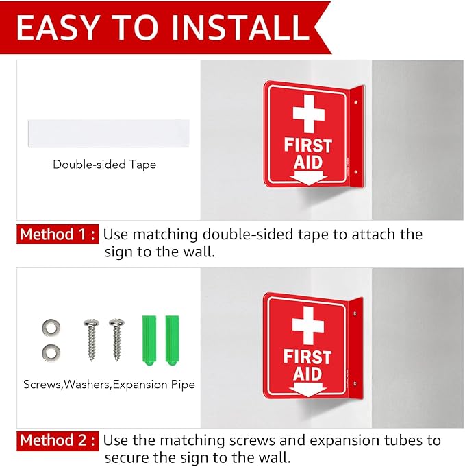 GicnKeuz First Aid Sign, 6" x 6" First Aid with Cross Symbol, Two-Sided Acrylic L-Sign for Business or Office or Wall Décor, Including Screws, Easy to Install (4 Pack)