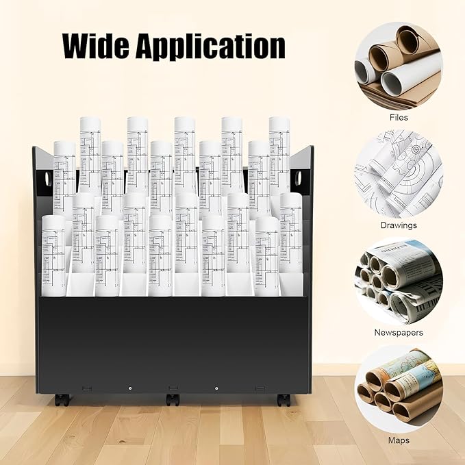 Blue Print Storage Organizer, 50 Slot Mobile Roll File Cart, Construction Plan Holders, Blueprint Cabinet with Wheels for Office Home Library