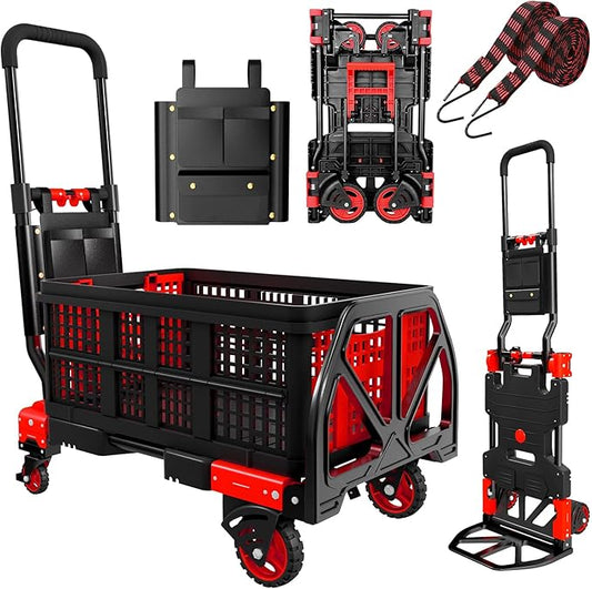 Folding Hand Truck, 2 in 1 Portable Heavy Duty Carrying Moving Dolly Cart with 4 Foldable Wheels and Retractable Handle Duty 330lbs (Red with Folding Basket)