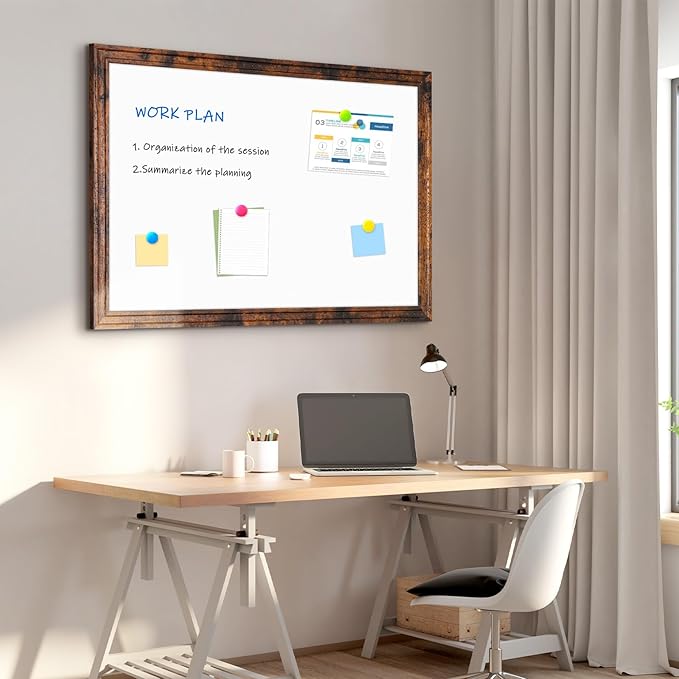 4 THOUGHT Dry Erase Board, 24" x 18" Magnetic Whiteboard Brown Vintage Wood Frame Wall-Mounted White Board Decorative Notice Board School, Office, Home, 8 Magnets 4 Markers 1 Eraser