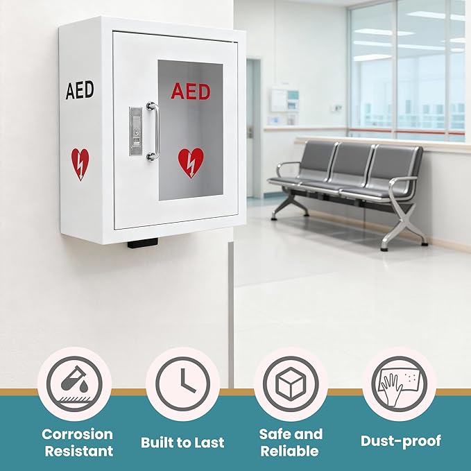 AED Cabinet Wall Mounted, Steel Defibrillator Storage Case with PVC Clear Window, Handle and Snap Lock, AED Defibrillator Cabinet for Home, Hospital 14.2 x 7.8 x 15.7 Inch