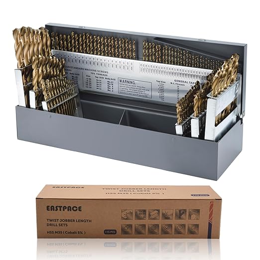 115Pcs M35 Cobalt Drill Bit Set, Twist Jobber Drill Bit Kit for Stainless Steel, Hard Metal and Wood Plastic with Indexed Metal Case (A-Z, 1-60,1/16 Inch-1/2 Inch)