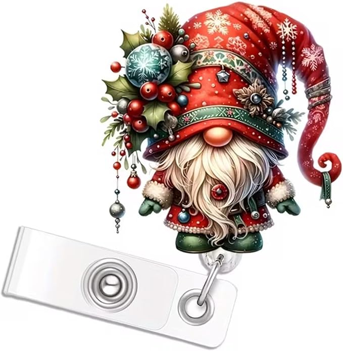 Christmas Gnome Badge Holder Christmas Badge Reel Gnome Holly Nurse Badge Holder with Alligator Clip Cute Cartoon Xmas Badge Reels Retractable ID Name Badge Clips for Nurse Teacher Office Decoration