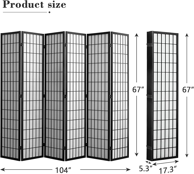 WelFurGeer 6 Panel Shoji Screen Room Divider, Folding Privacy Screens, Room Partitions and Dividers, Decorative Room Dividers, Wall Dividers for Room Separation, Japanese Room Divider for Home (Black)