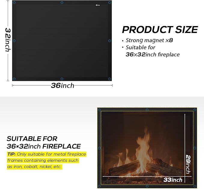 FLASLD Magnet Fireplace Cover Blocker, 36" x 32" Fireplace Blanket Stops Overnight Heat Loss, Fireplace Draft Stopper Save Energy Black